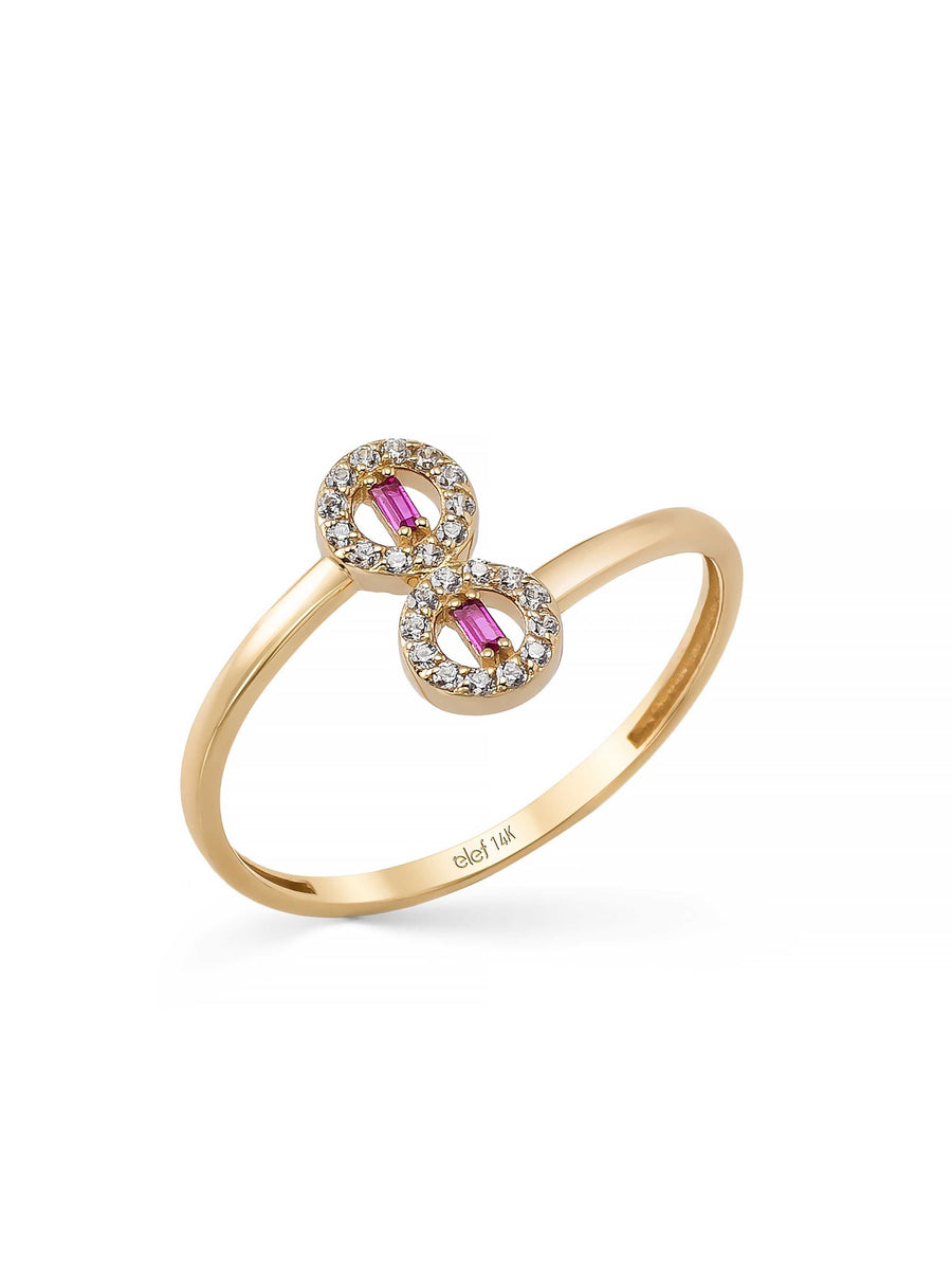 Double Baguette Round-Cut Stone Minimal Ring in 14K Gold