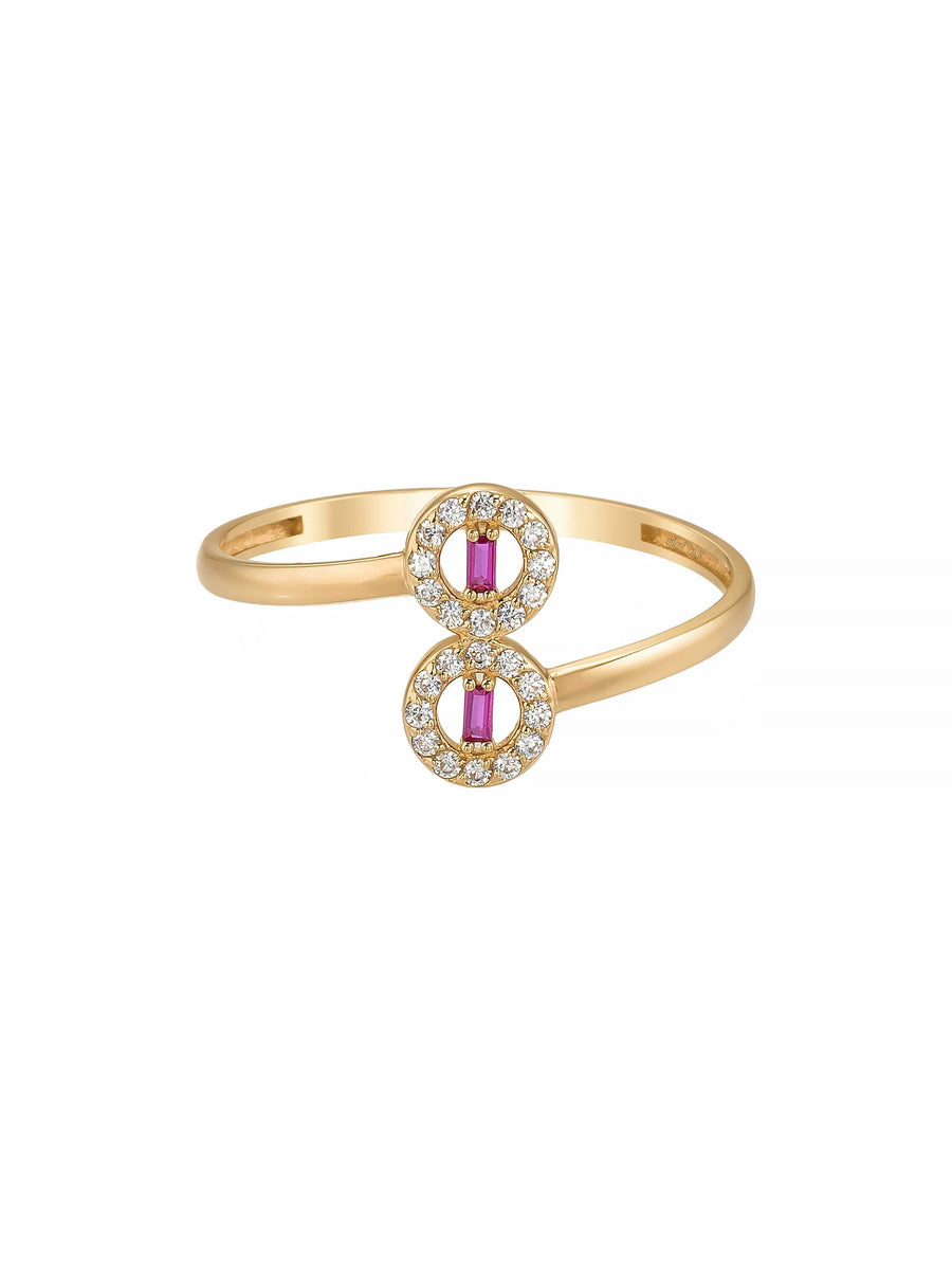 Double Baguette Round-Cut Stone Minimal Ring in 14K Gold