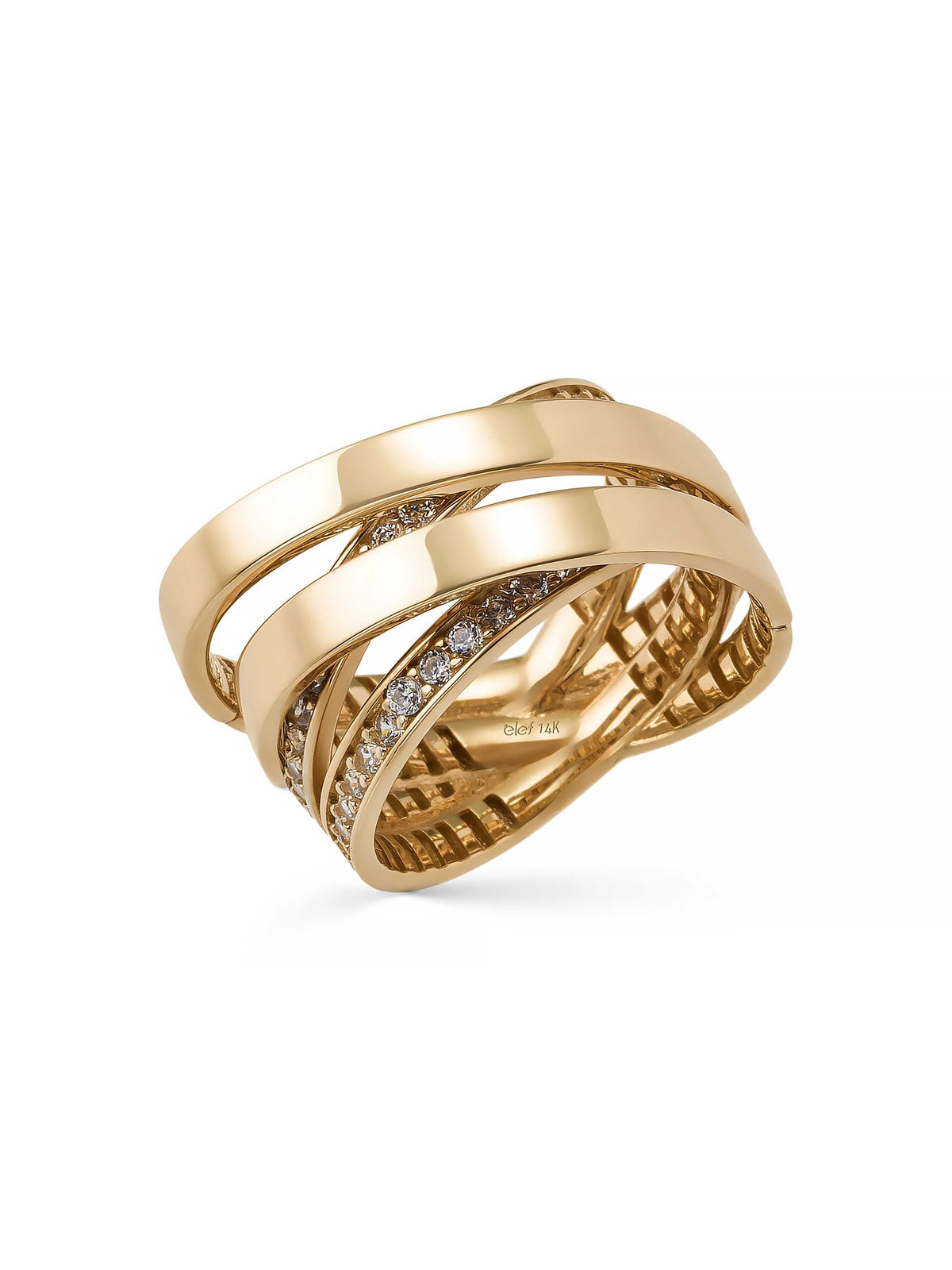 Double Cross Multicolor-Row Stone-Set Ring in 14K Gold by Elef Jewelry