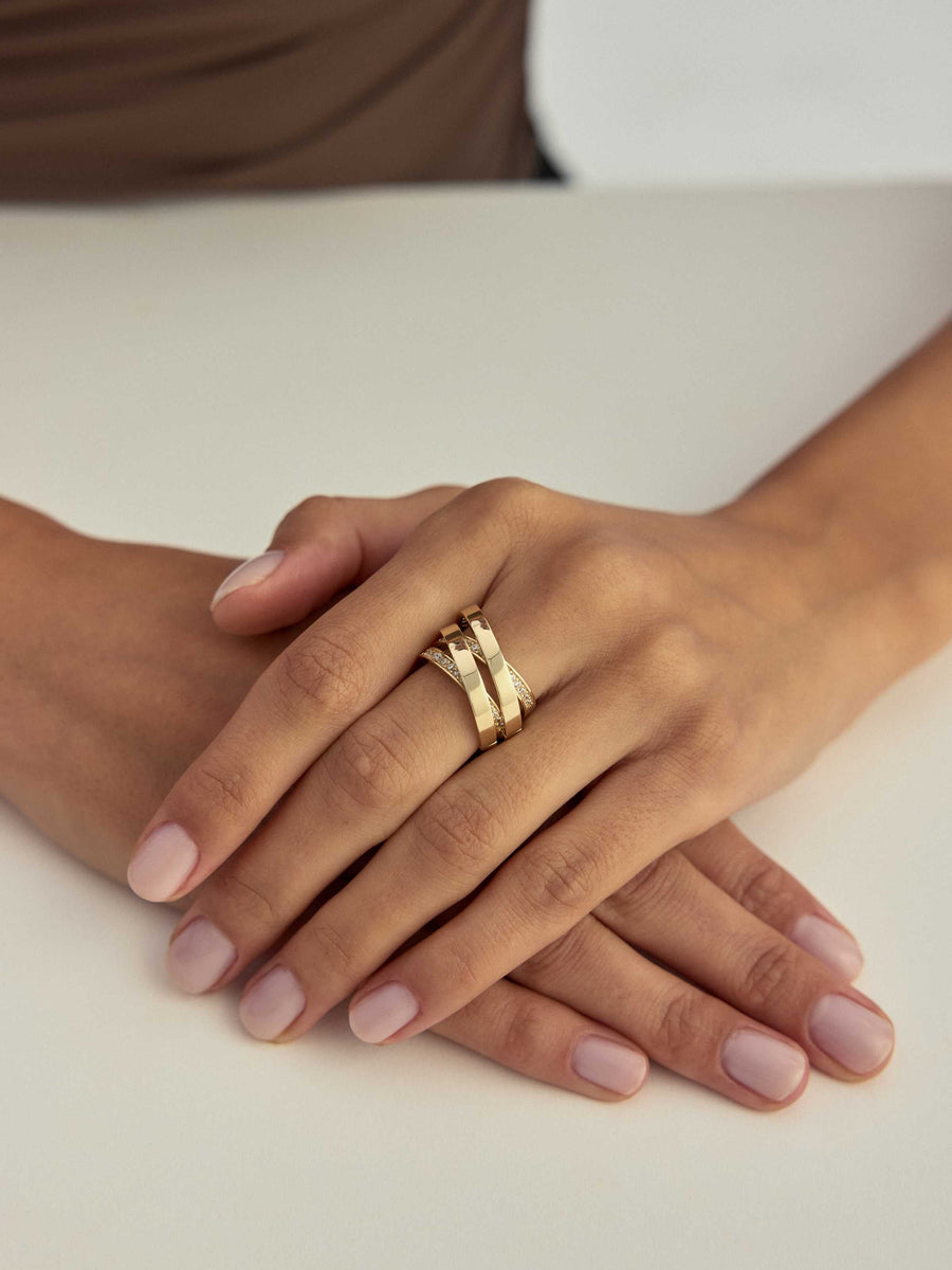 Double Cross Multicolor-Row Stone-Set Ring in 14K Gold