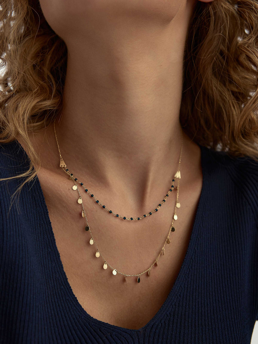 Double Row Pul & Bead Necklace in 14K Gold