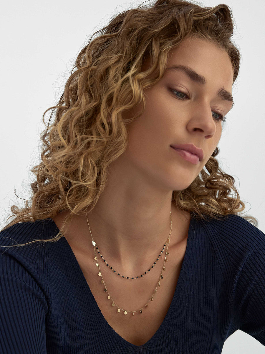 Double Row Pul & Bead Necklace in 14K Gold