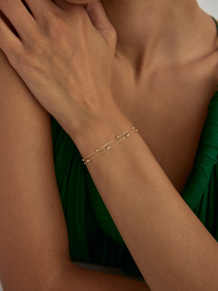 Double Row Cylinder & Dorika Bead Bracelet in 14K Gold