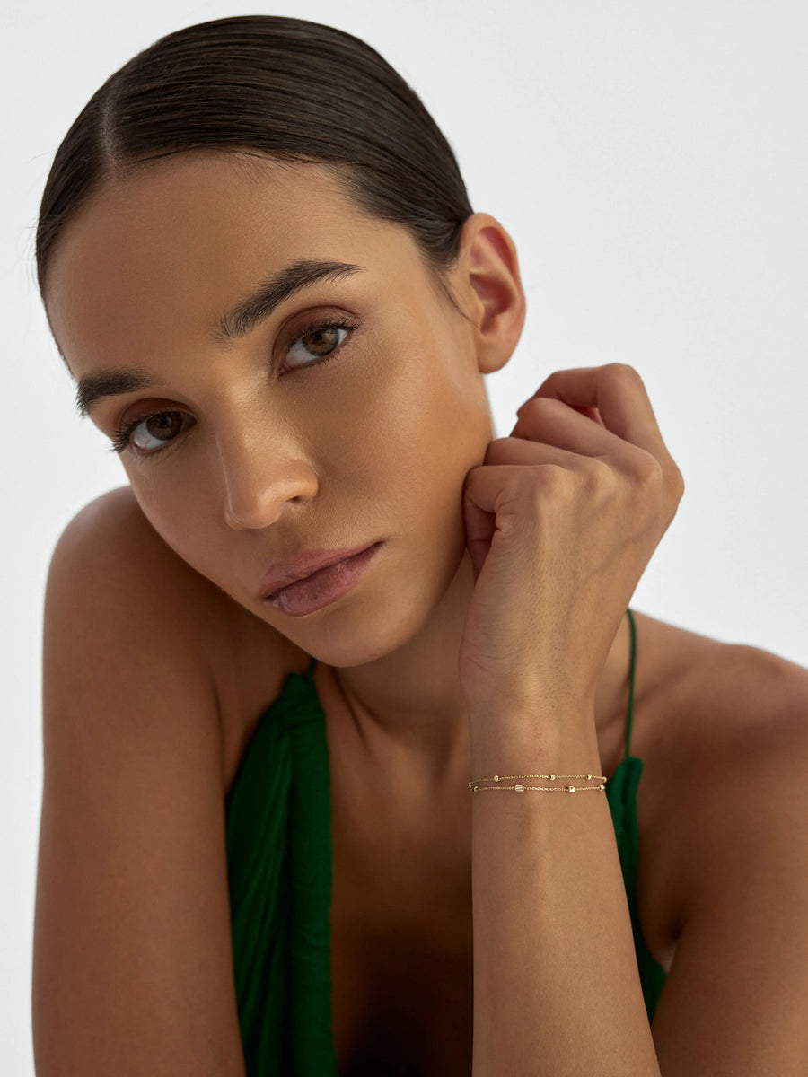Double Row Cylinder & Dorika Bead Bracelet in 14K Gold