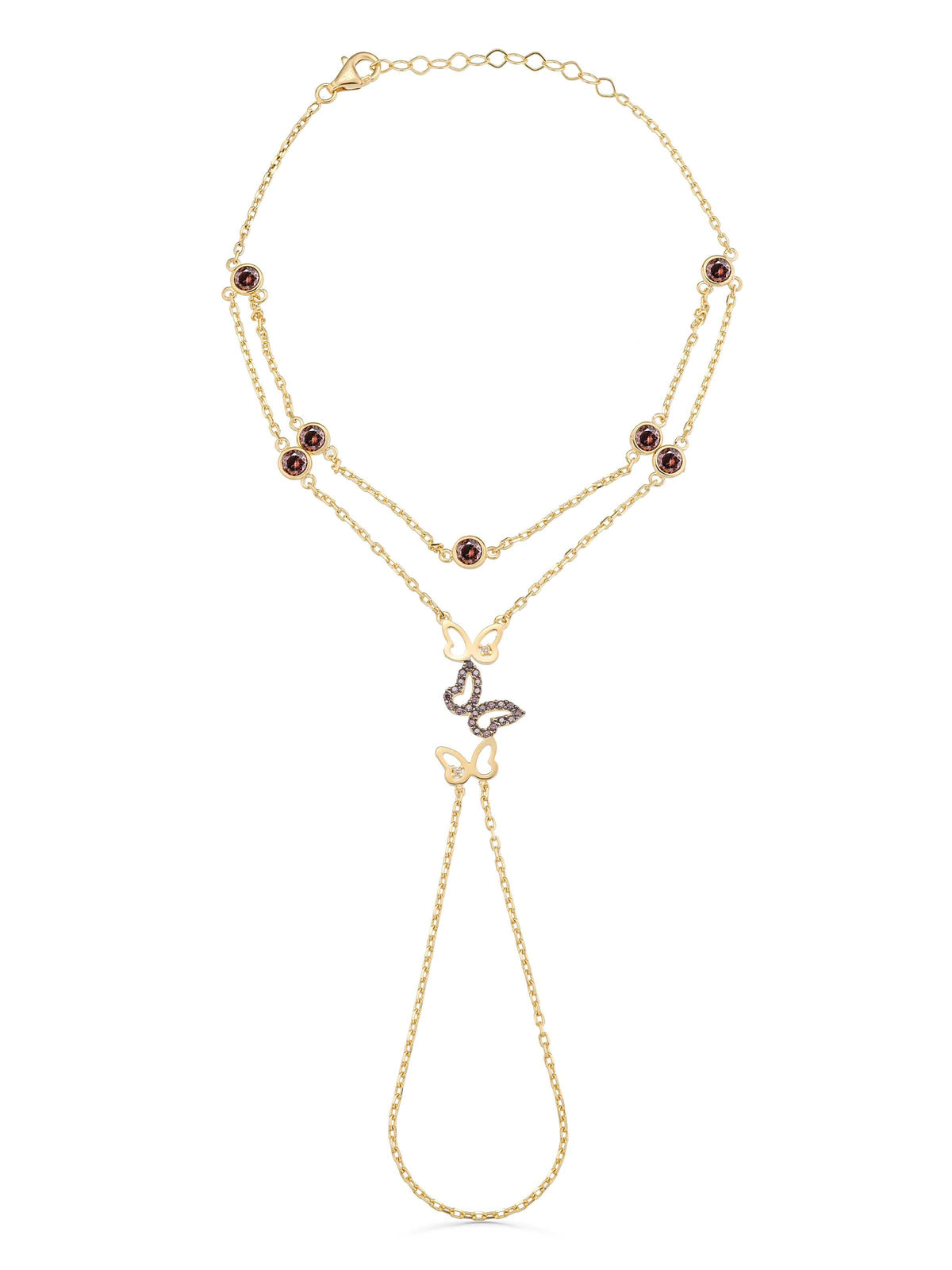 Double Chain Butterfly Stone Hand Chain in 14K Gold by Elef Jewelry