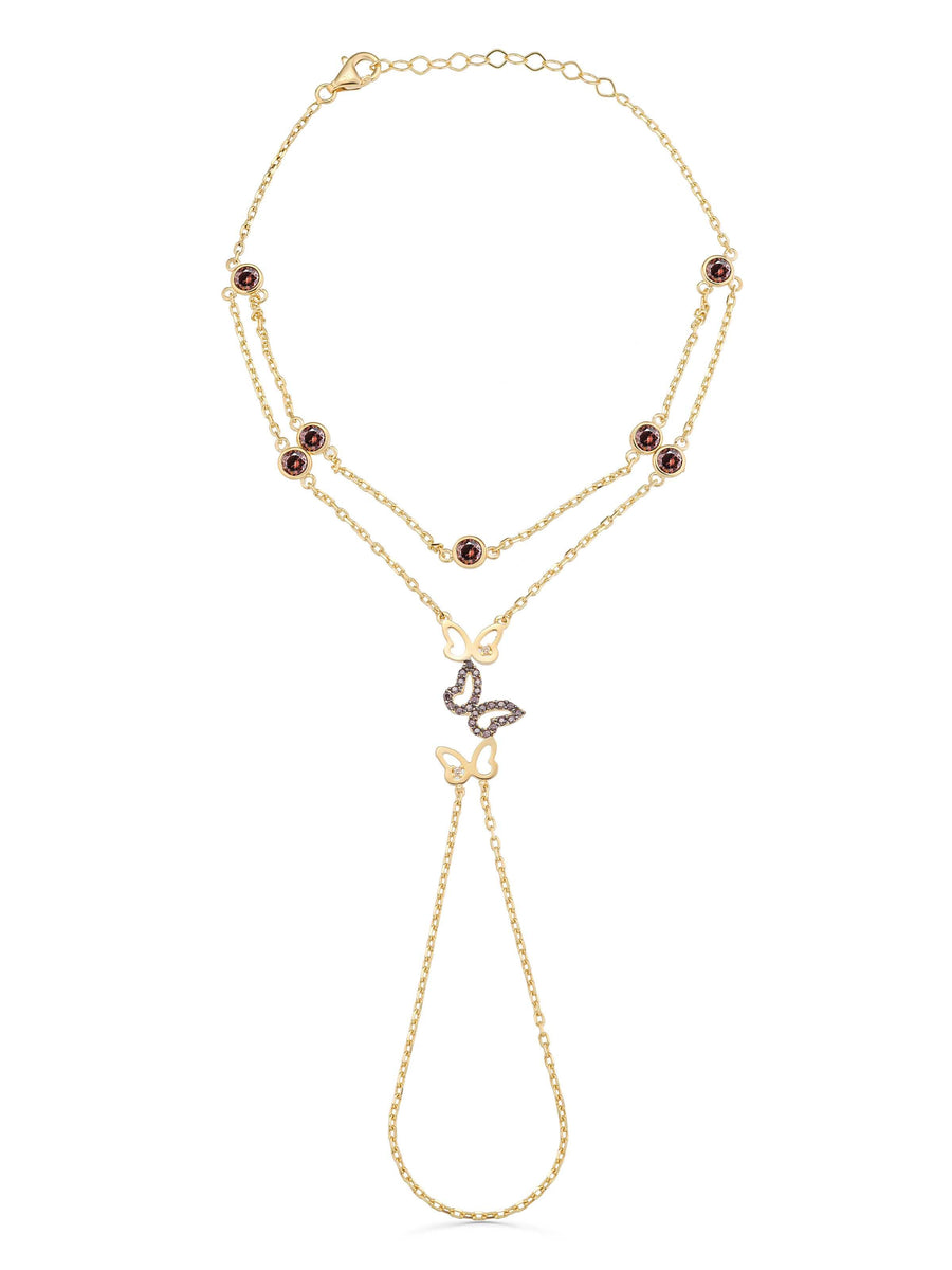 Double Chain Butterfly Stone Hand Chain in 14K Gold