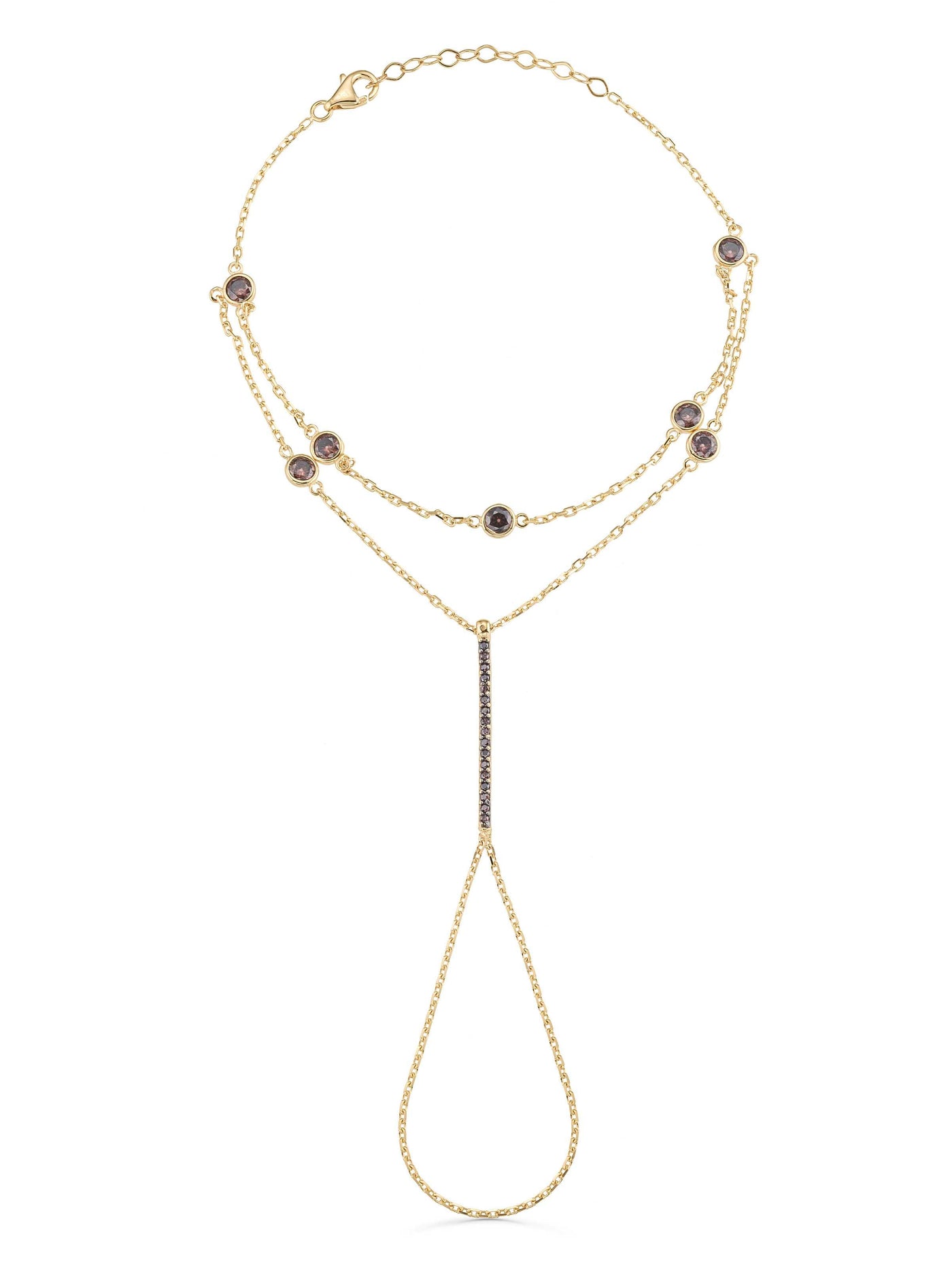 Double Chain Black Stone Accents Hand Chain in 14K Gold by Elef Jewelry