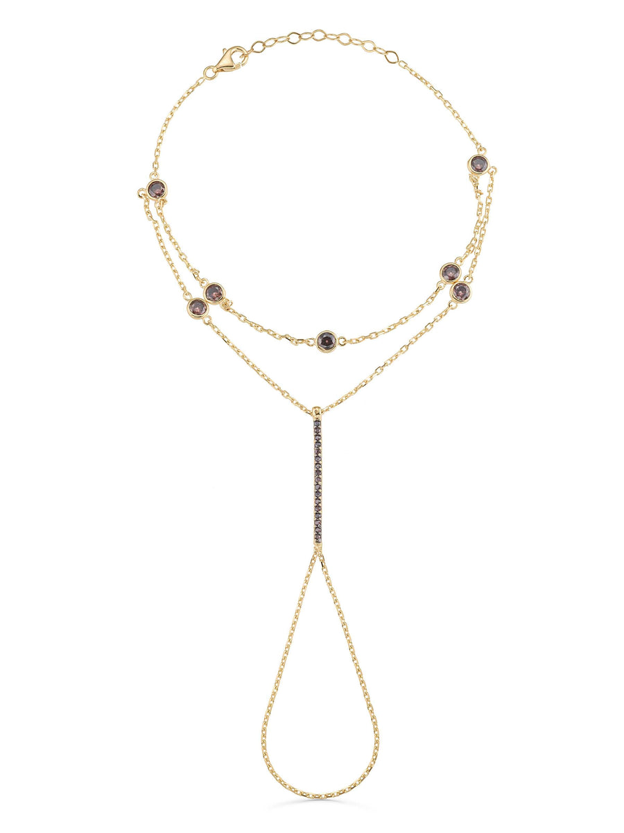 Double Chain Black Stone Accents Hand Chain in 14K Gold
