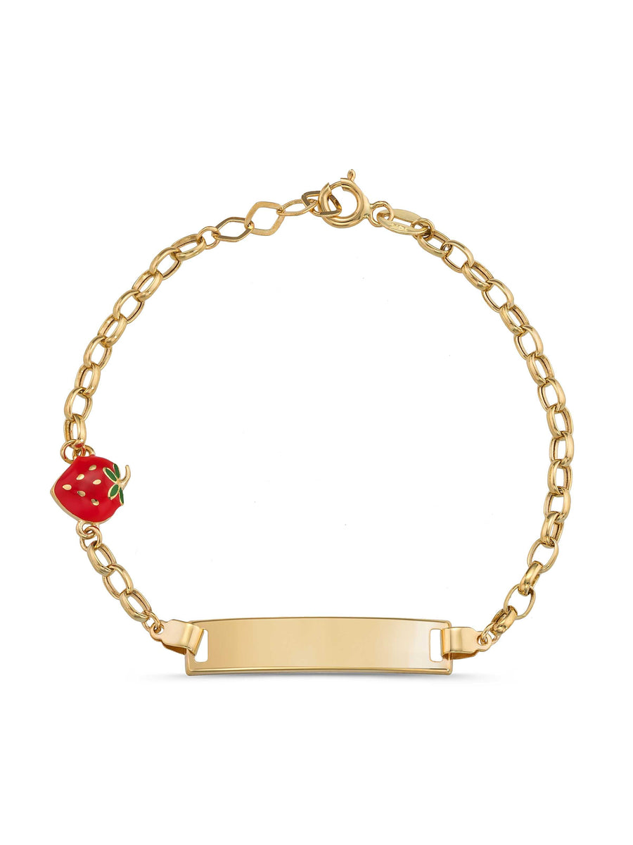 14K Gold Strawberry Enamel Kids Id Bracelet