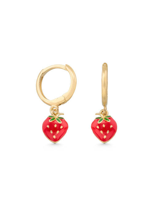 Strawberry Enamel Kids Drop Earrings in 14K Gold by Elef Jewelry