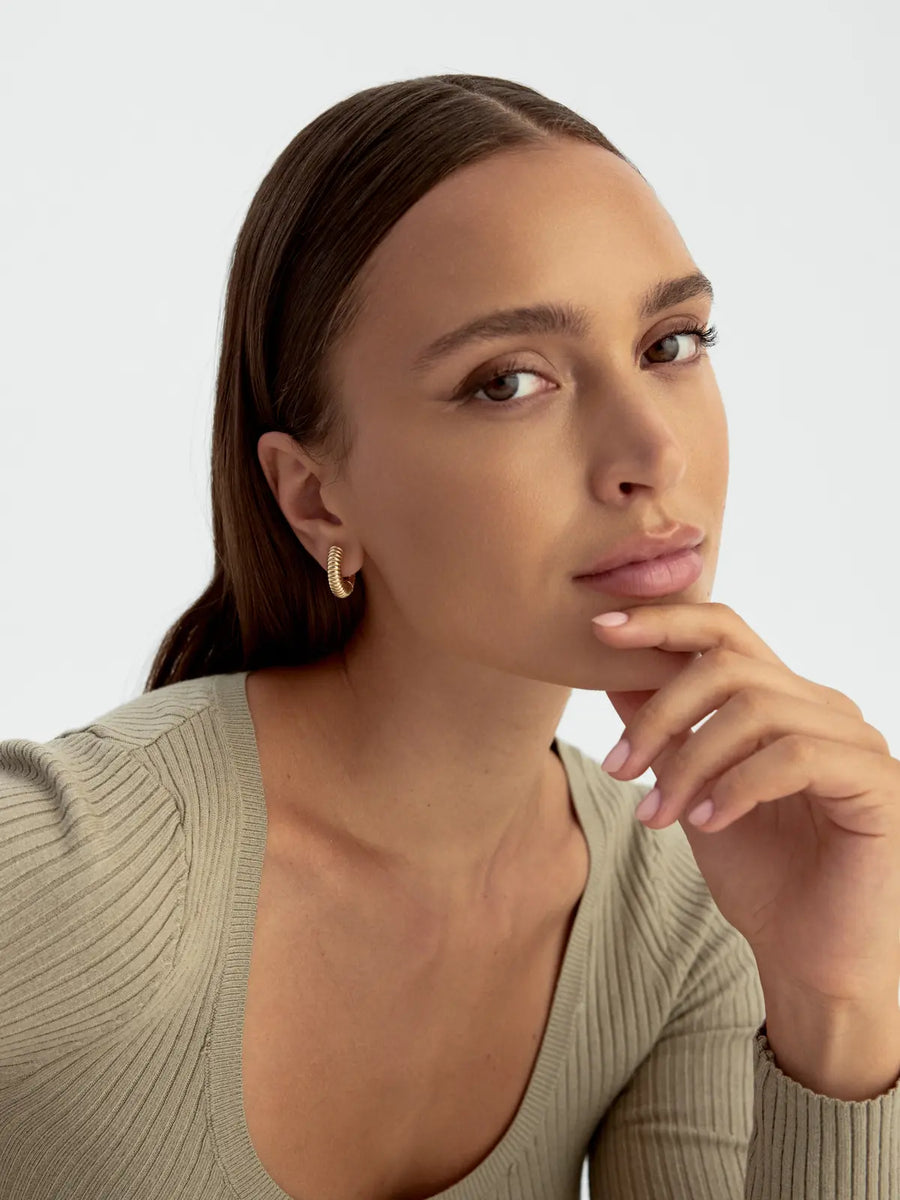 Striped Domed Hoop Earrings in 14K Gold