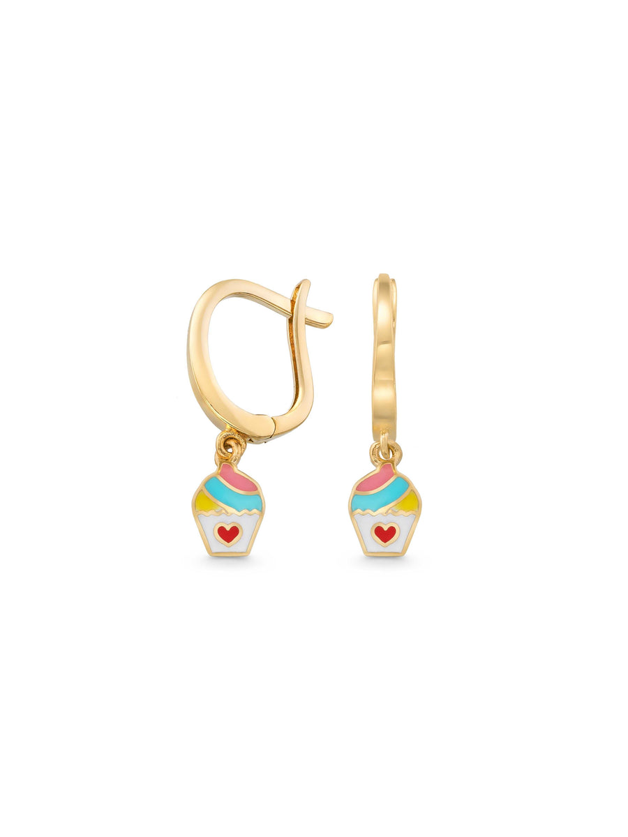 Cupcake Enamel Kids Drop Earrings in 14K Gold