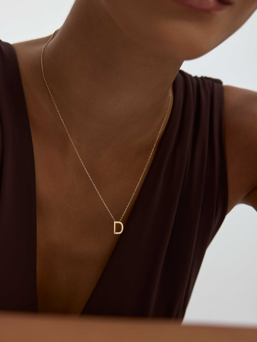 Letter D Stone Initial Necklace in 14K Gold
