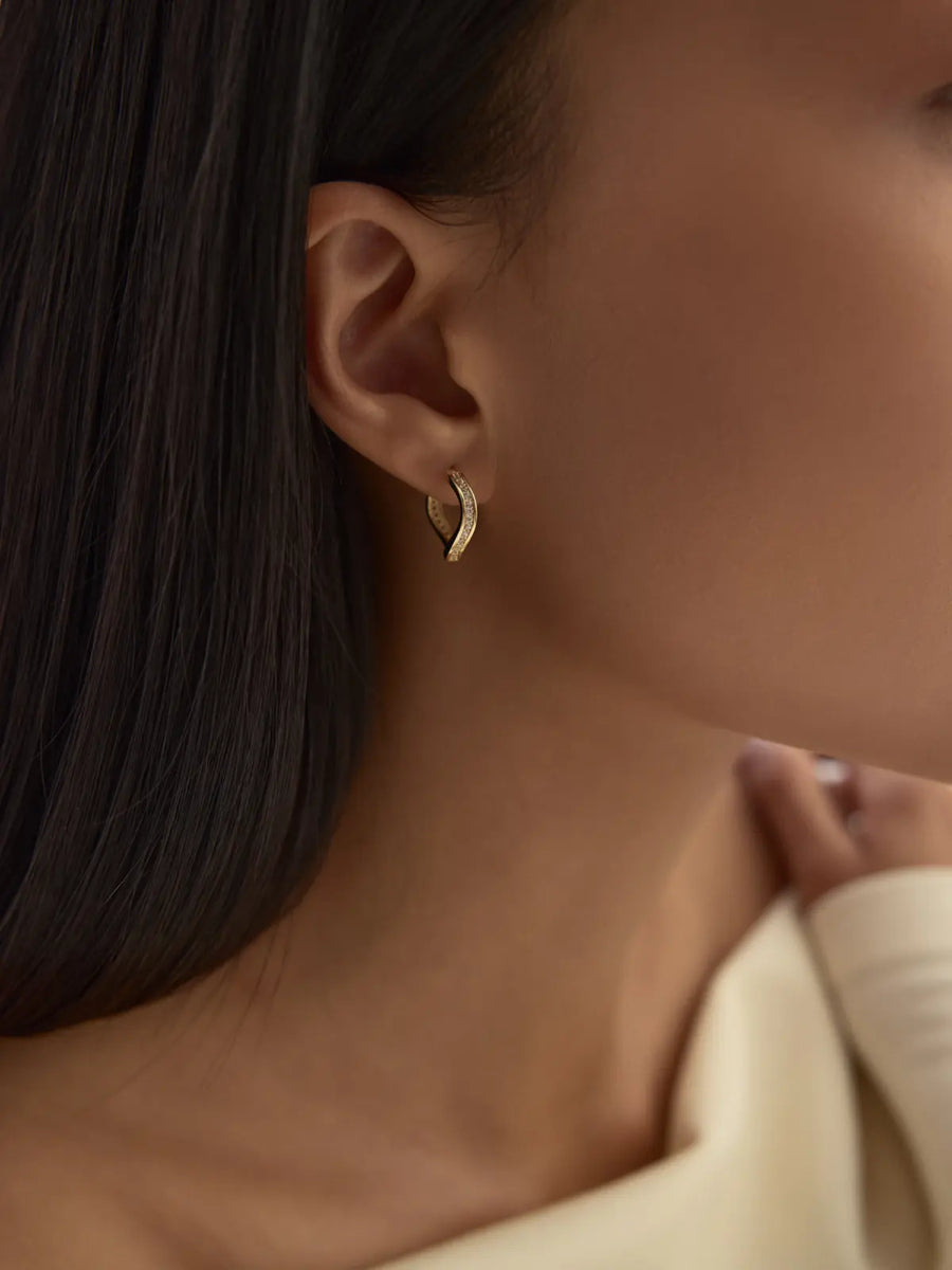 Wave Form Hoop Earrings With Stone Accents in 14K Gold