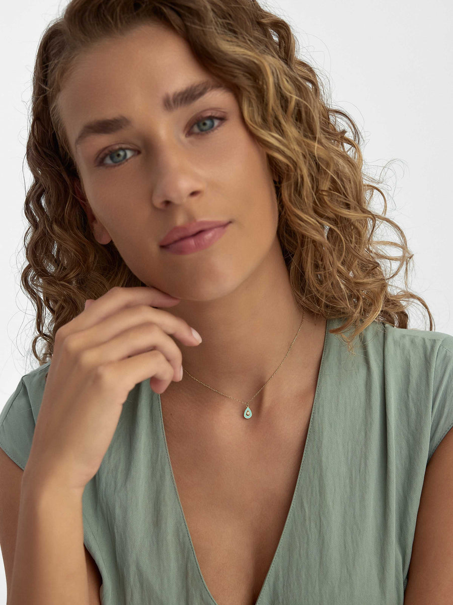 Drop Enamel & Solitaire Necklace in 14K Gold