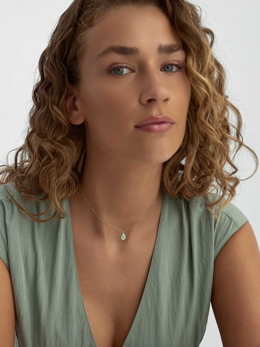 Drop Enamel & Solitaire Necklace in 14K Gold
