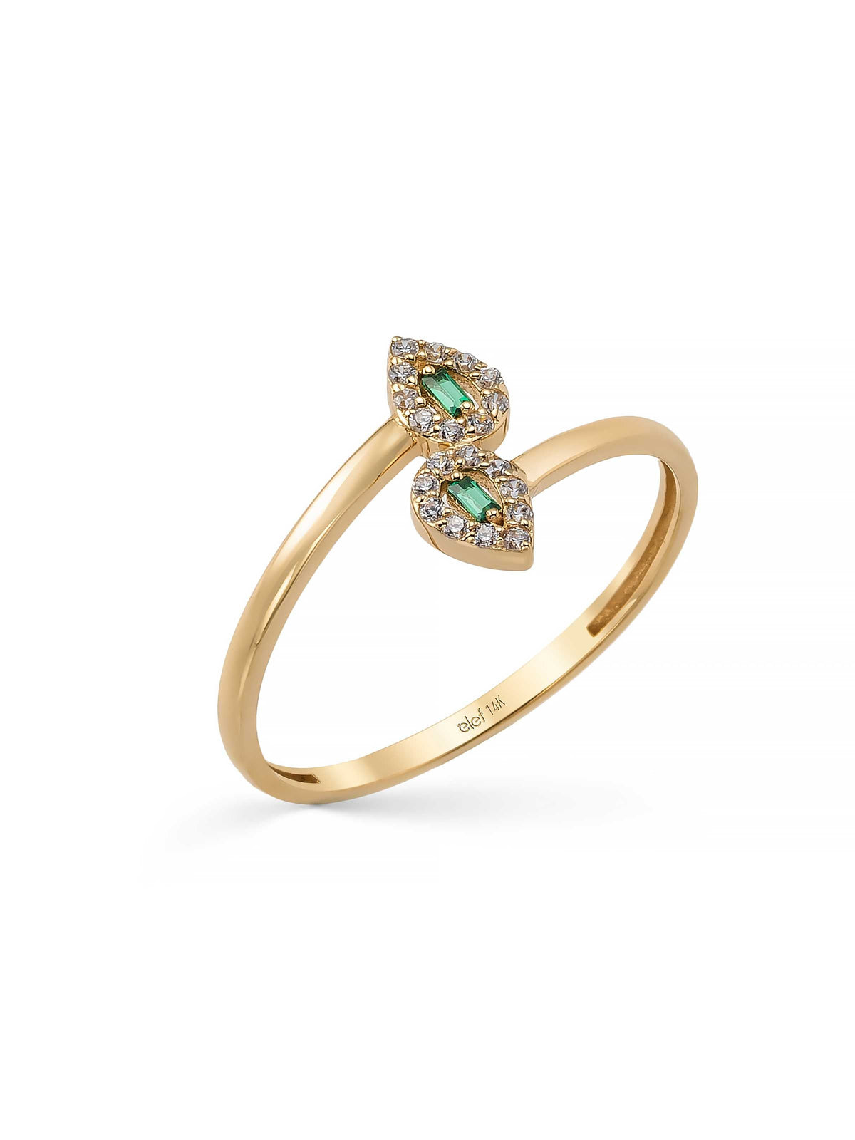 Teardrop Form Green Baguette Stone Ring in 14K Gold by Elef Jewelry