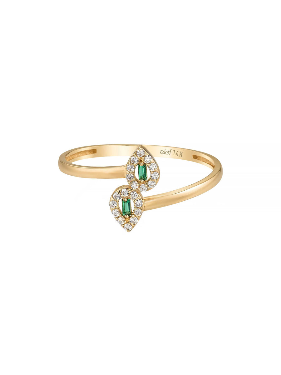 Teardrop Form Green Baguette Stone Ring in 14K Gold