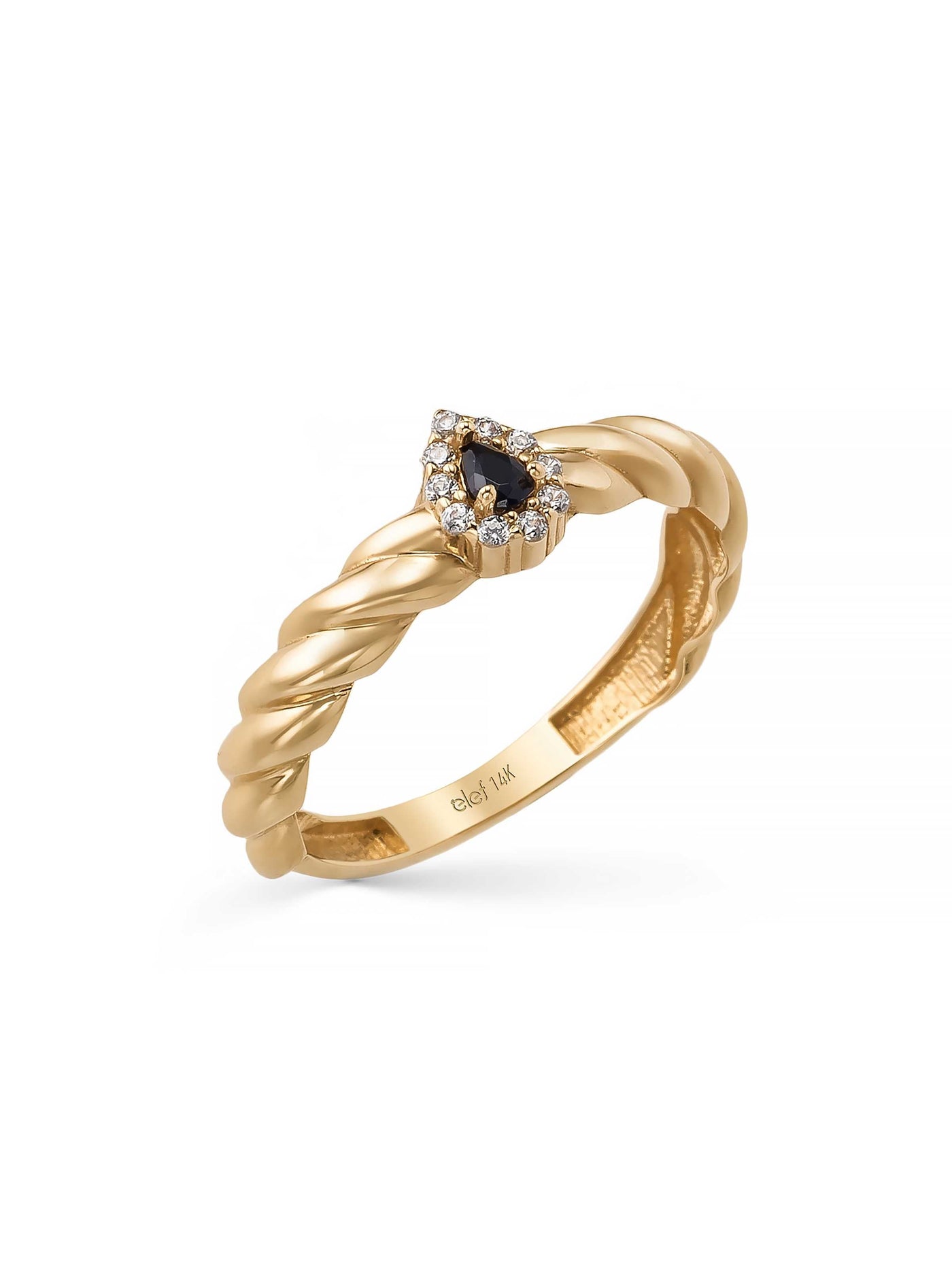 Drop Black Stone Twisted Form Ring in 14K Gold by Elef Jewelry