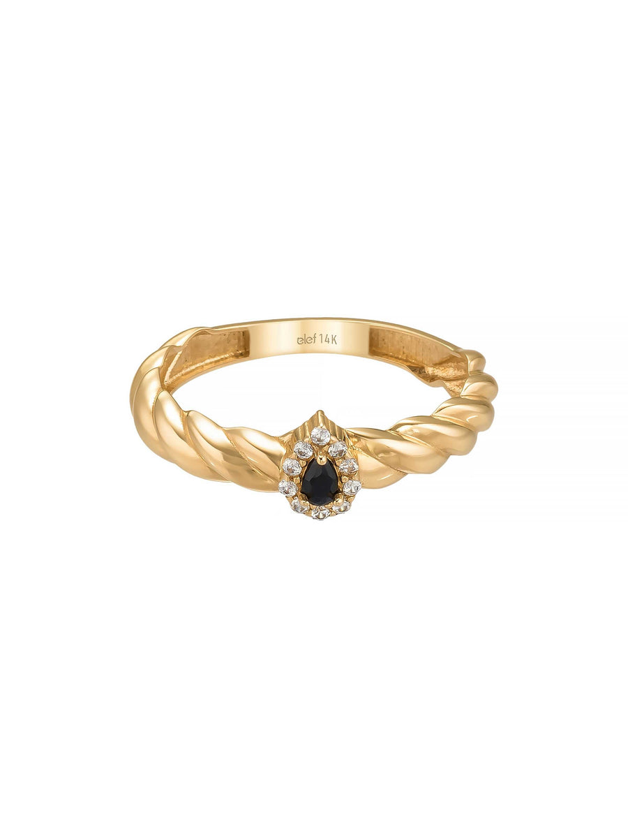 Drop Black Stone Twisted Form Ring in 14K Gold