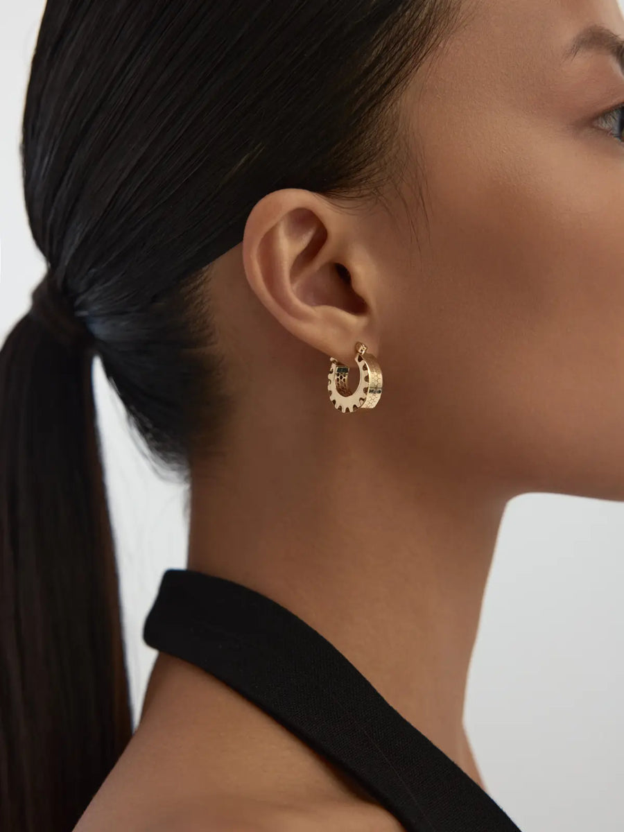 Patterned Domed Hoop Earrings in 14K Gold