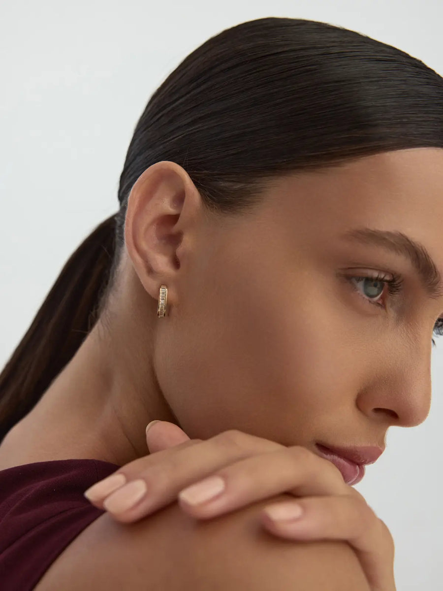 Rectangular Form Row Baguette Stone Earrings in 14K Gold
