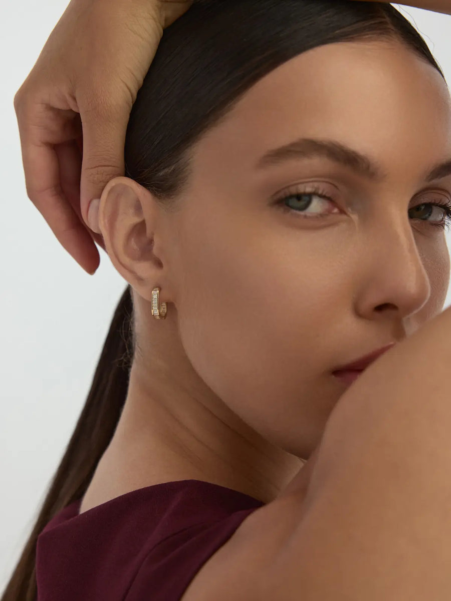 Rectangular Form Row Baguette Stone Earrings in 14K Gold