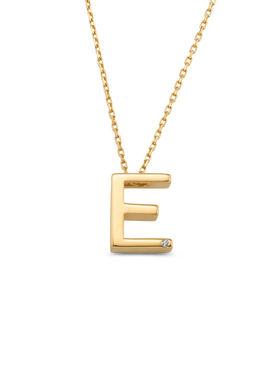Letter E Stone Initial Necklace in 14K Gold