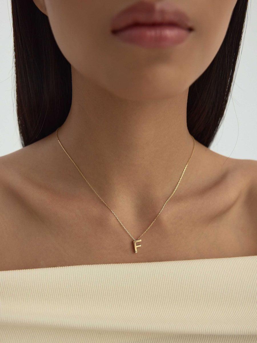 Letter F Stone Initial Necklace in 14K Gold