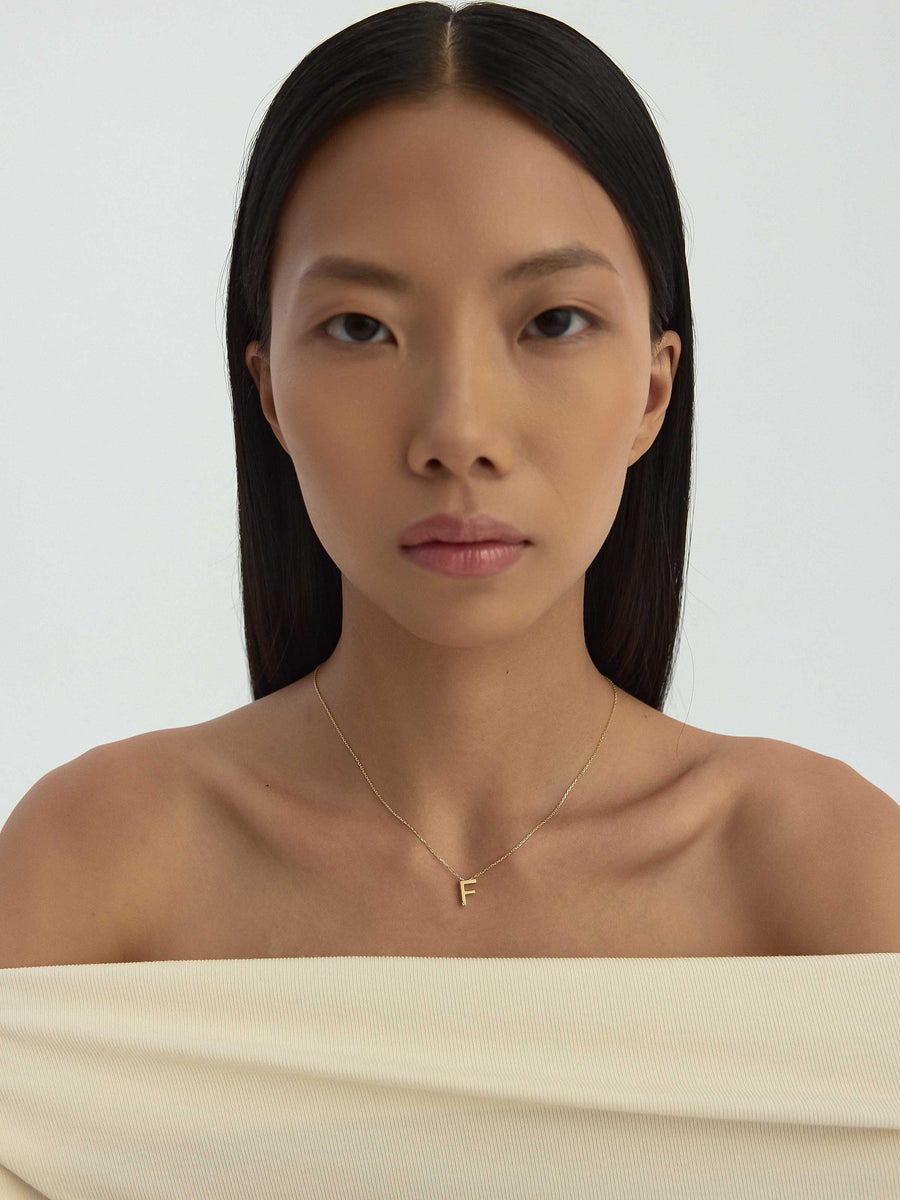 Letter F Stone Initial Necklace in 14K Gold