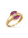 Fan Motif Ruby-Inspired & Solitaire Stone Ring in 14K Gold by Elef Jewelry