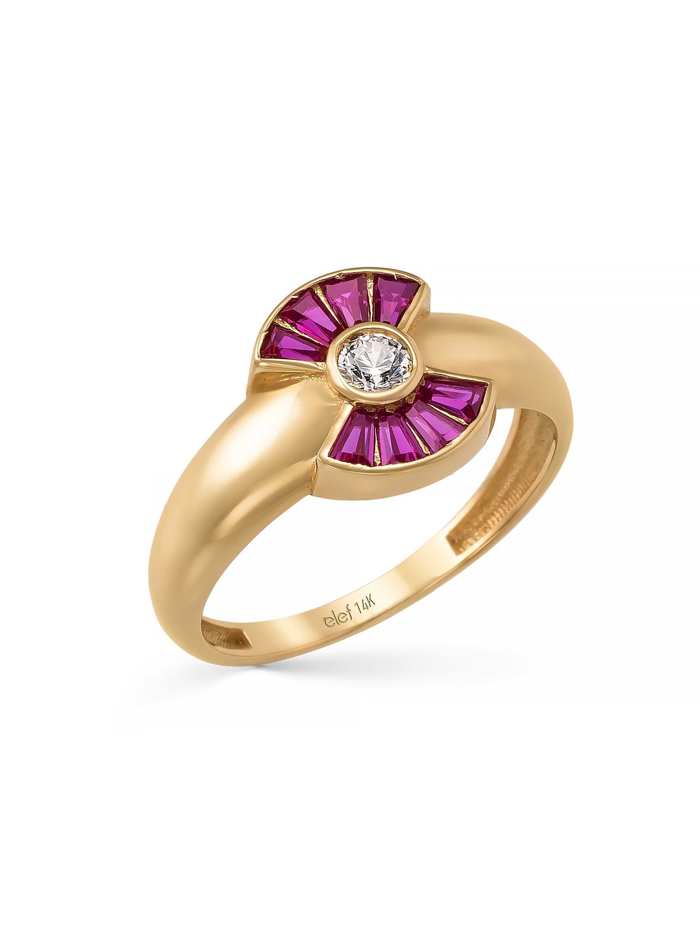 Fan Motif Ruby-Inspired & Solitaire Stone Ring in 14K Gold by Elef Jewelry