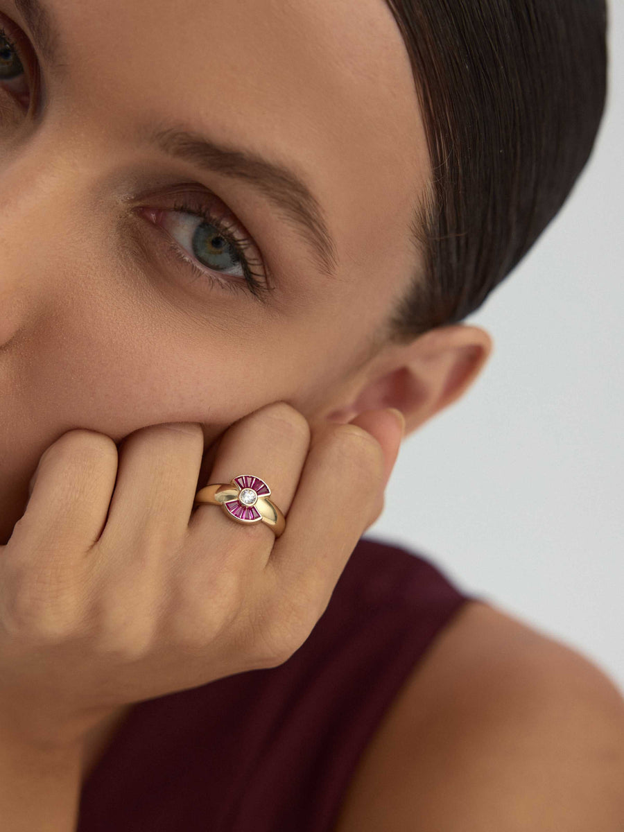 Fan Motif Ruby-Inspired & Solitaire Stone Ring in 14K Gold