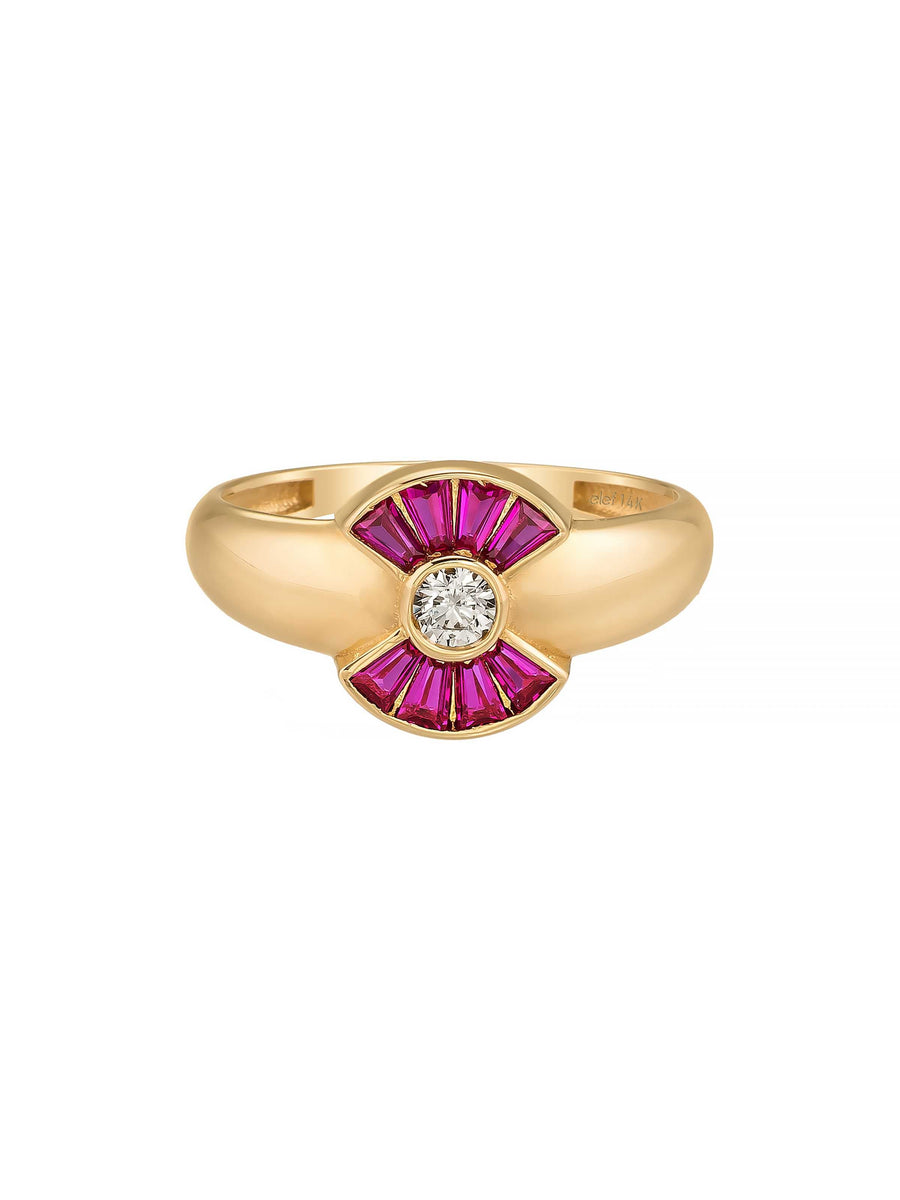 Fan Motif Ruby-Inspired & Solitaire Stone Ring in 14K Gold
