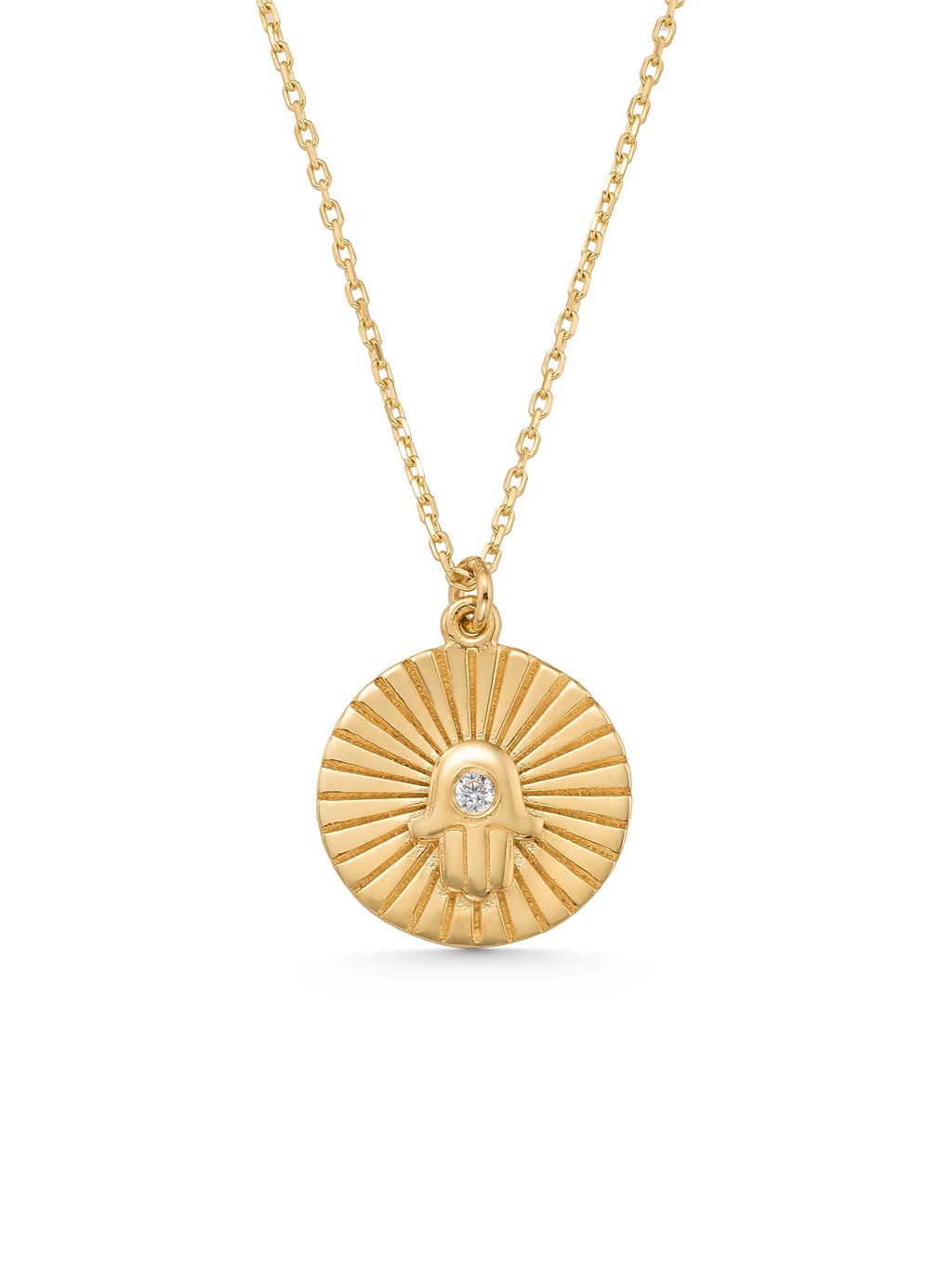 Hamsa Hand Talisman Madalyon Necklace in 14K Gold by Elef Jewelry
