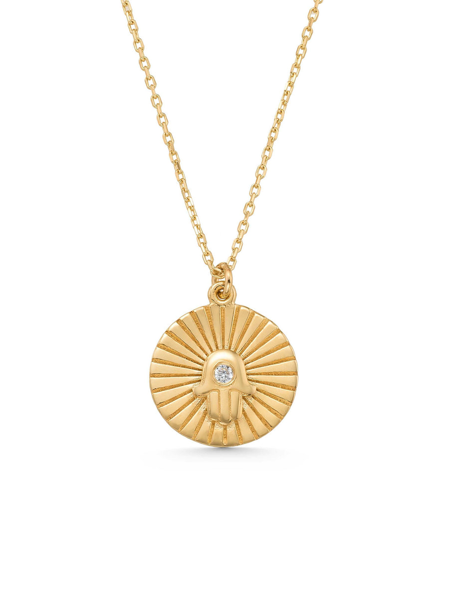 Hamsa Hand Talisman Madalyon Necklace in 14K Gold