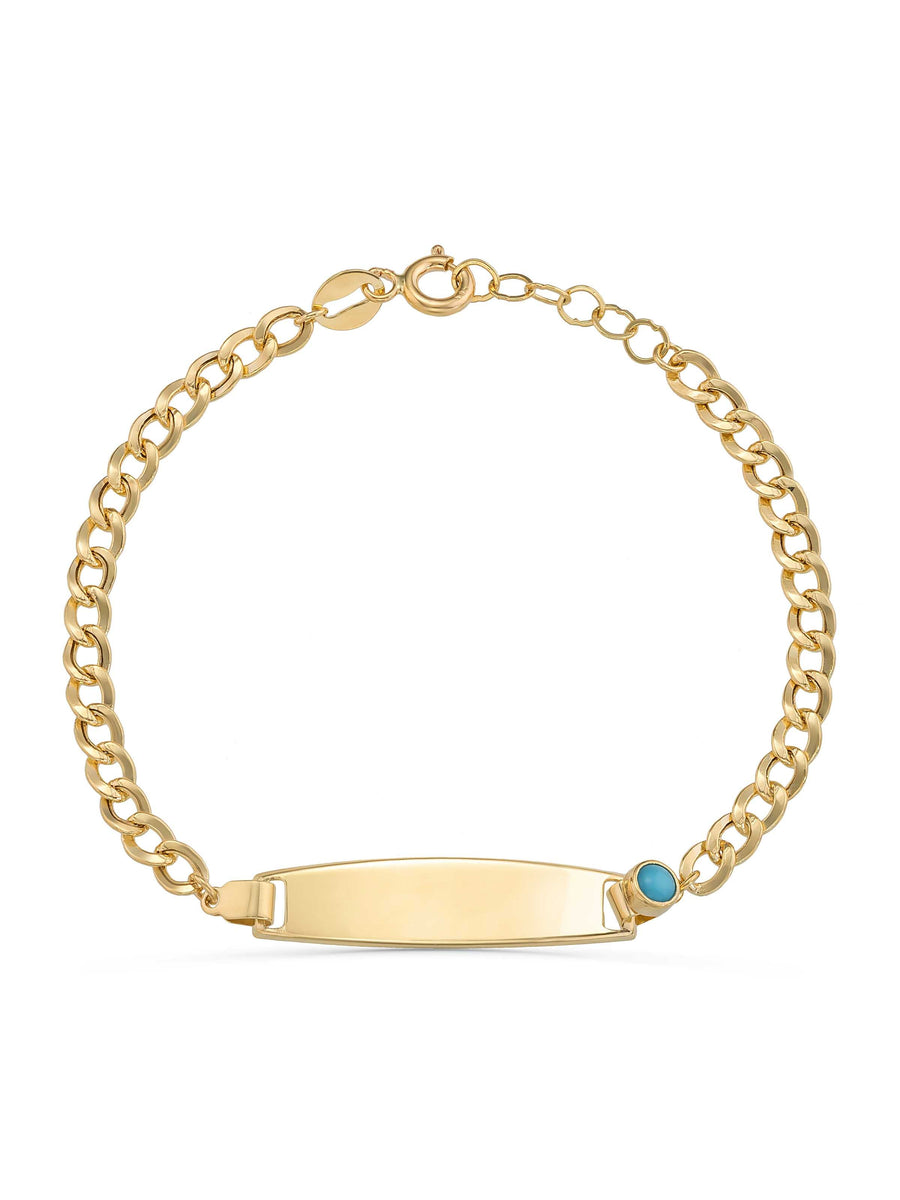 Turquoise Stone Accents Classic Kids Id Bracelet in 14K Gold