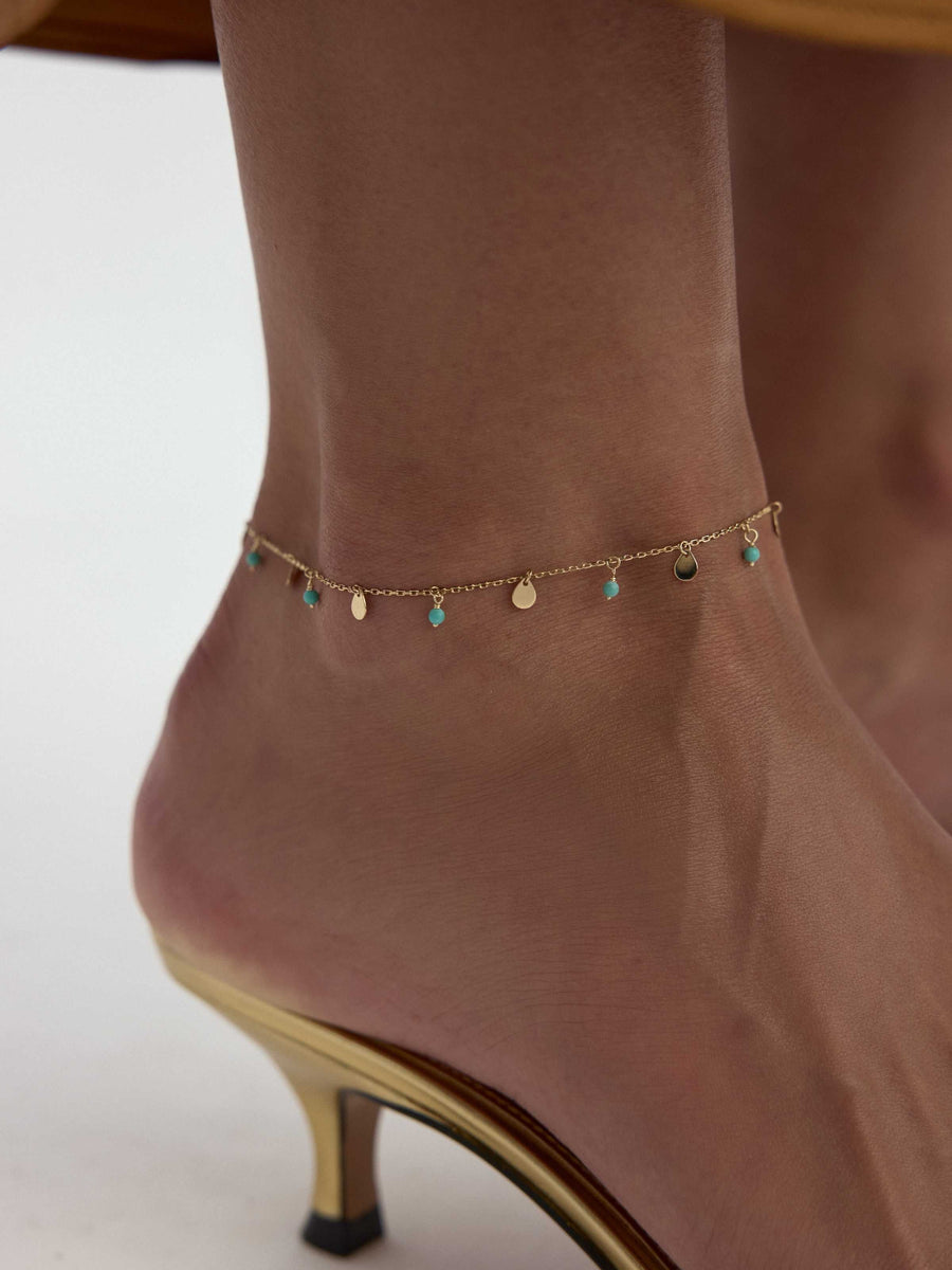 Turquoise Stone Drop Anklet in 14K Gold
