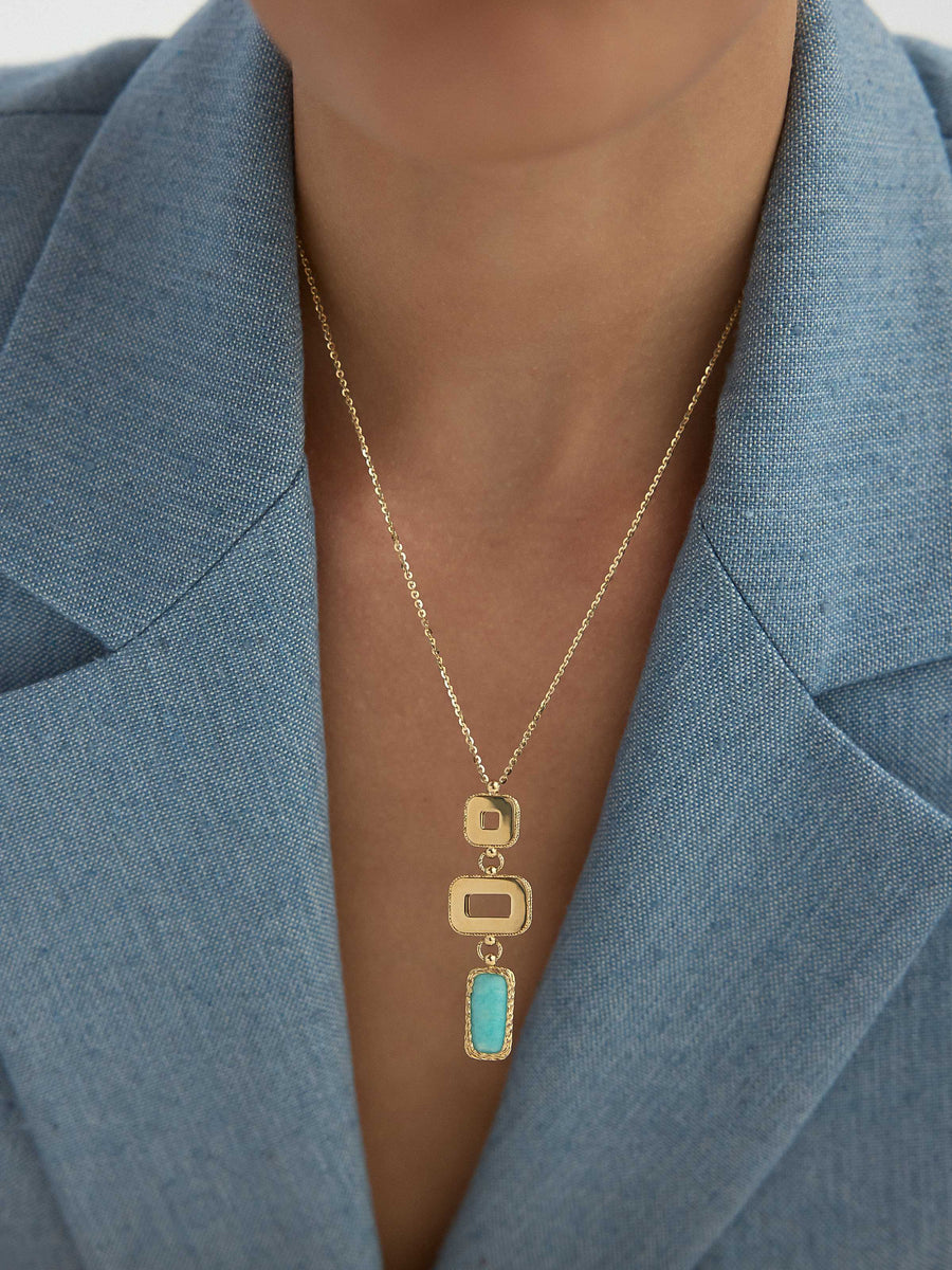 Turquoise Stone Geometric Dizilimli Necklace in 14K Gold