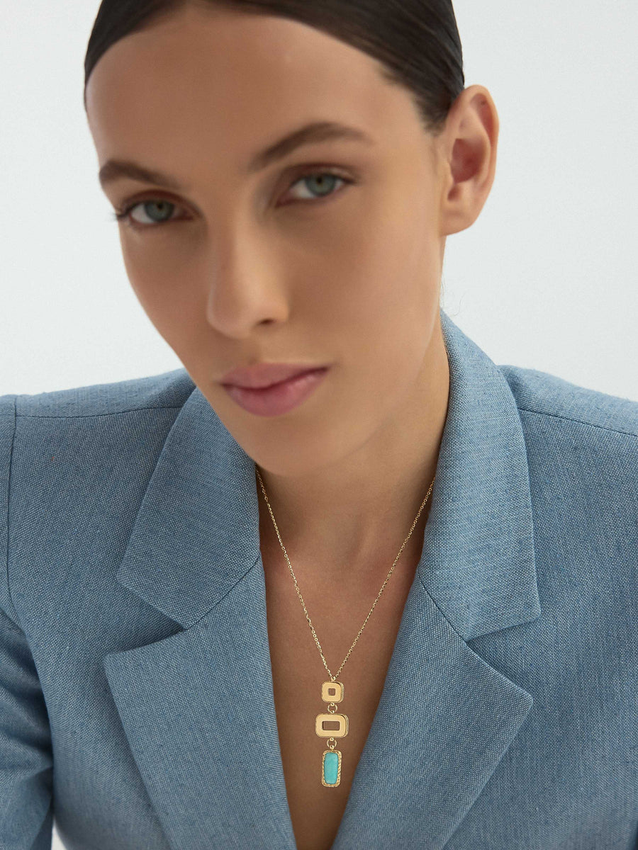 Turquoise Stone Geometric Dizilimli Necklace in 14K Gold