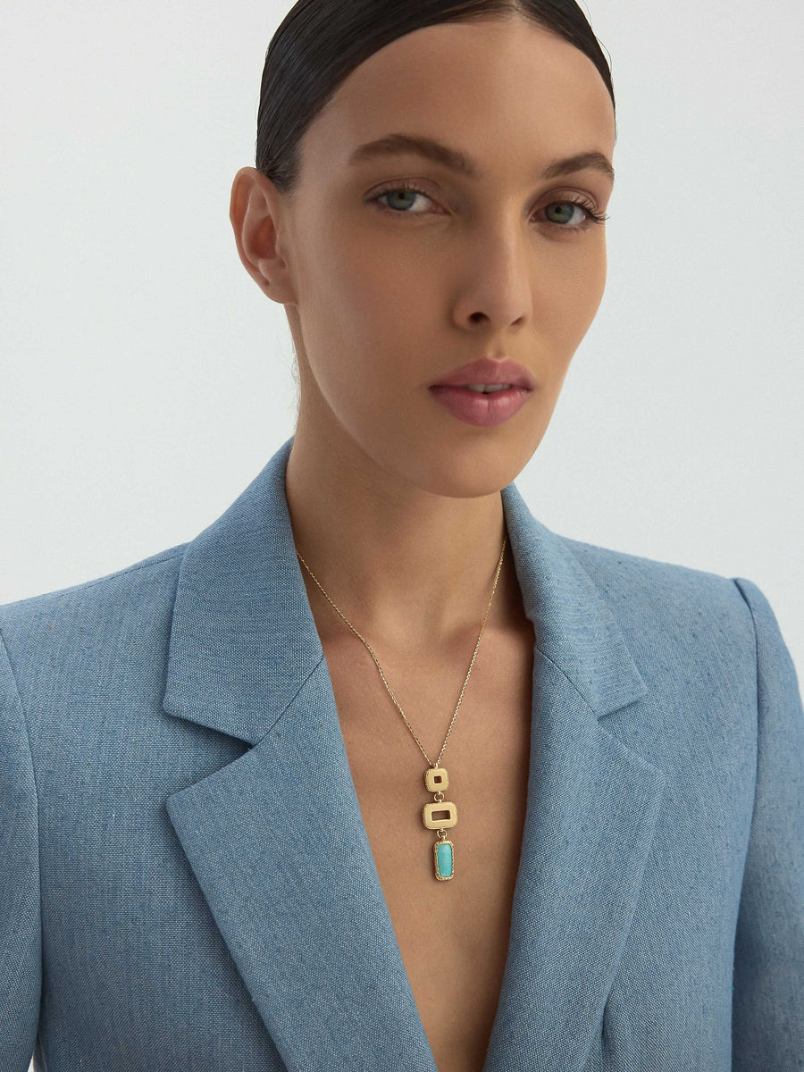 Turquoise Stone Geometric Dizilimli Necklace in 14K Gold