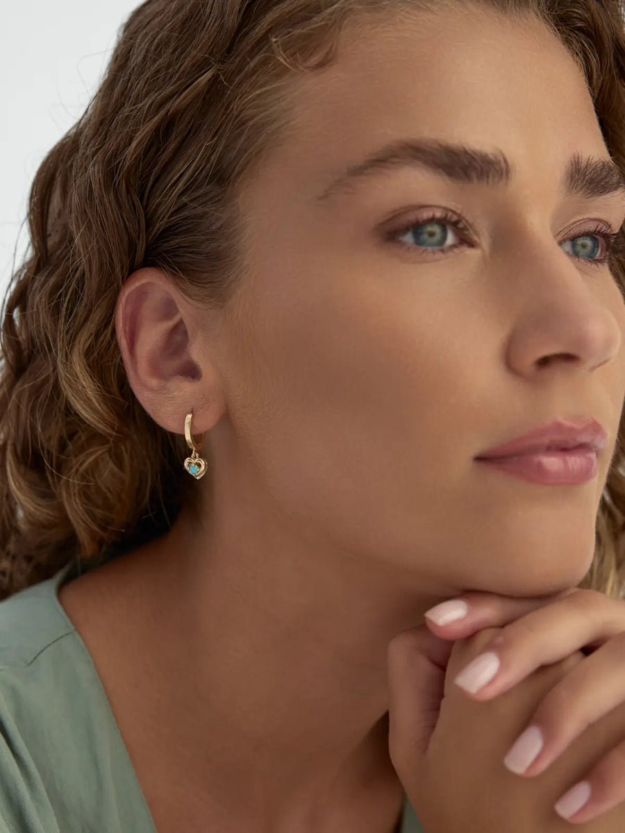 Turquoise Stone Heart-Shaped Drop Earrings in 14K Gold