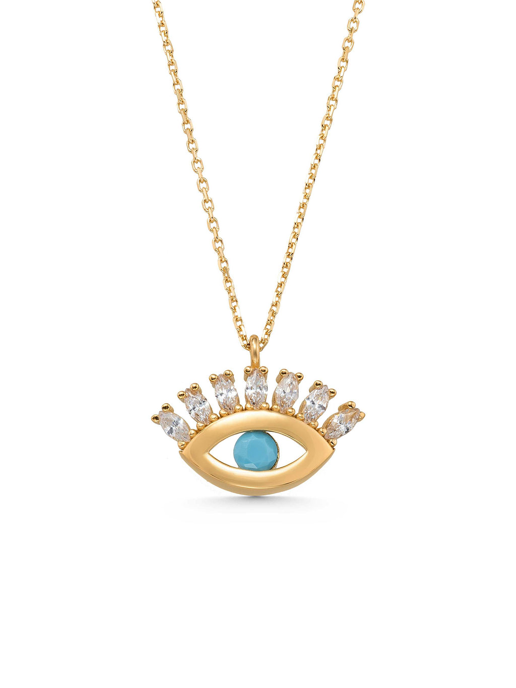 Turquoise & Zircon Stone Accents Eye Necklace in 14K Gold by Elef Jewelry
