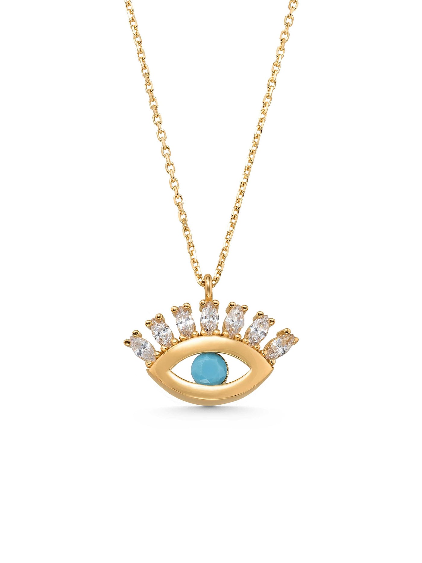 Turquoise & Zircon Stone Accents Eye Necklace in 14K Gold by Elef Jewelry
