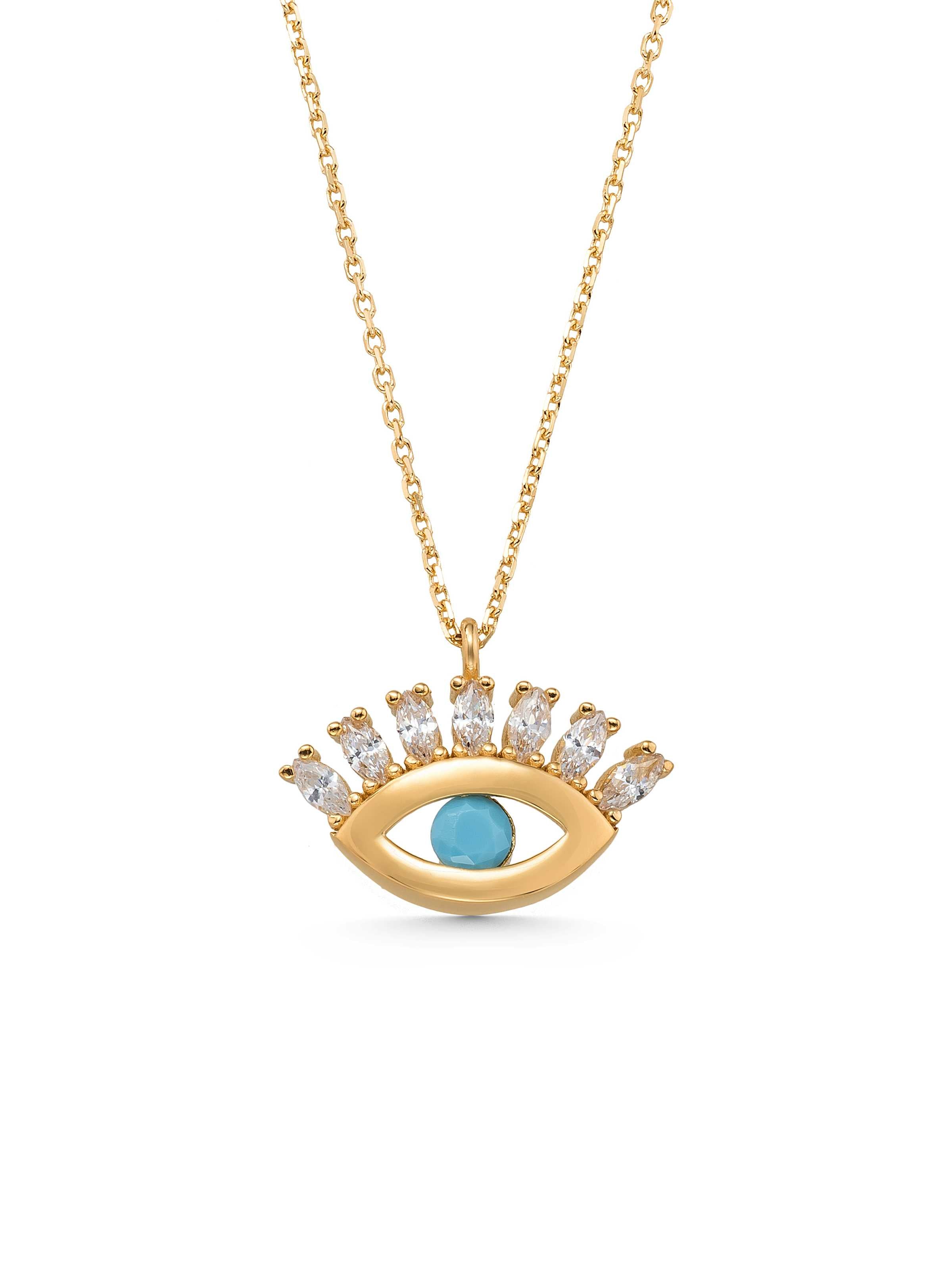 Turquoise & Zircon Stone Accents Eye Necklace in 14K Gold by Elef Jewelry