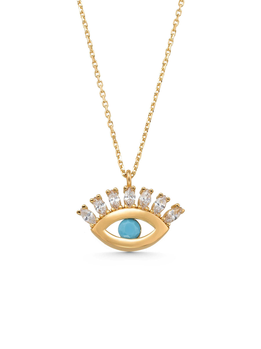 Turquoise & Zircon Stone Accents Eye Necklace in 14K Gold