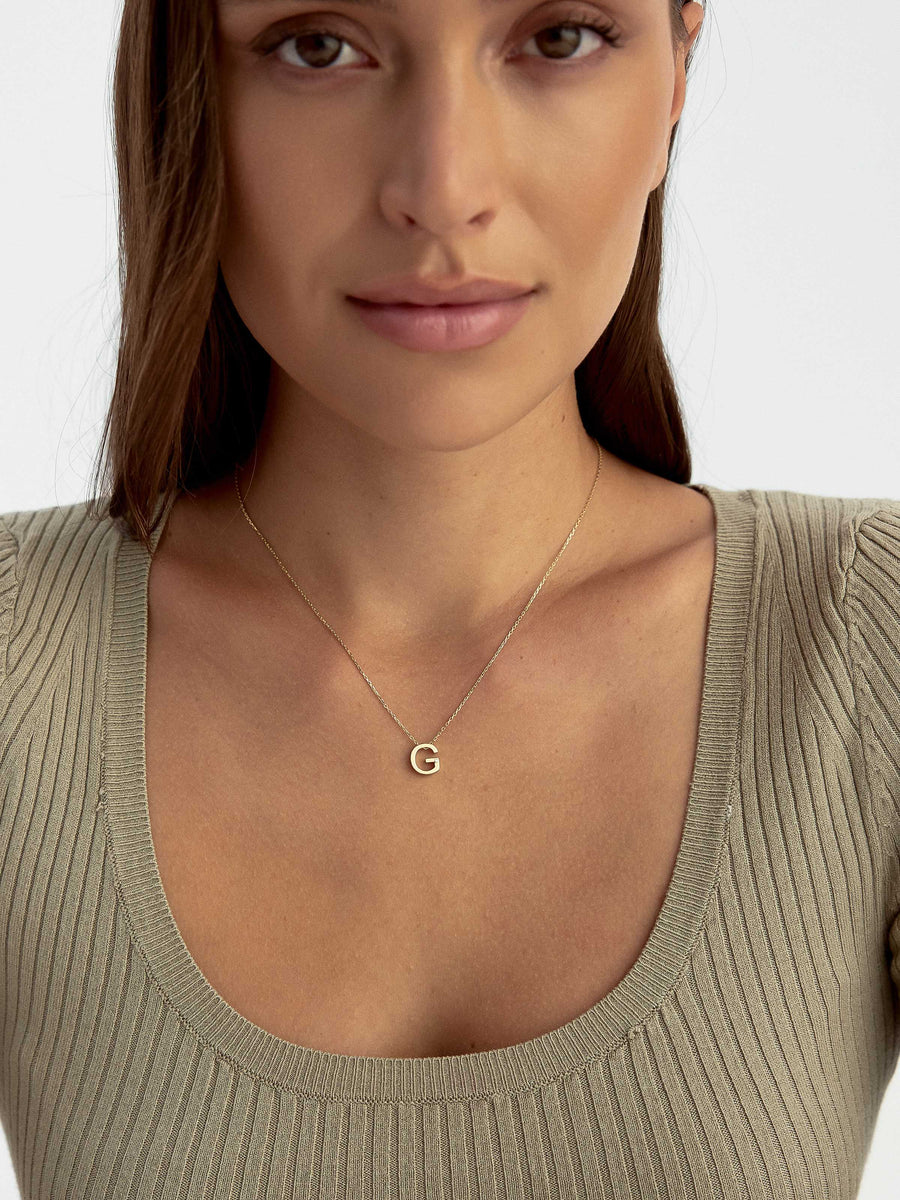 Letter G Stone Initial Necklace in 14K Gold