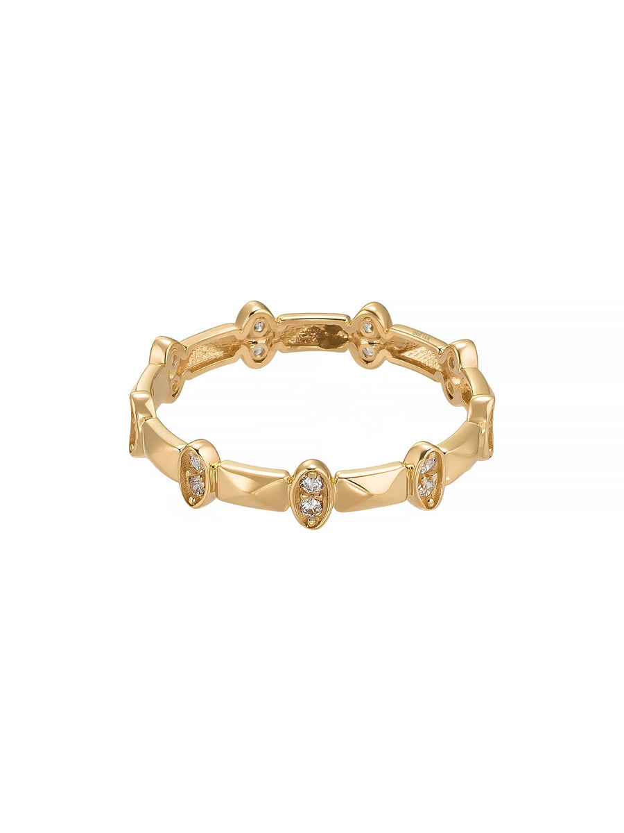 Geometric Motif Oval Stone Ring in 14K Gold