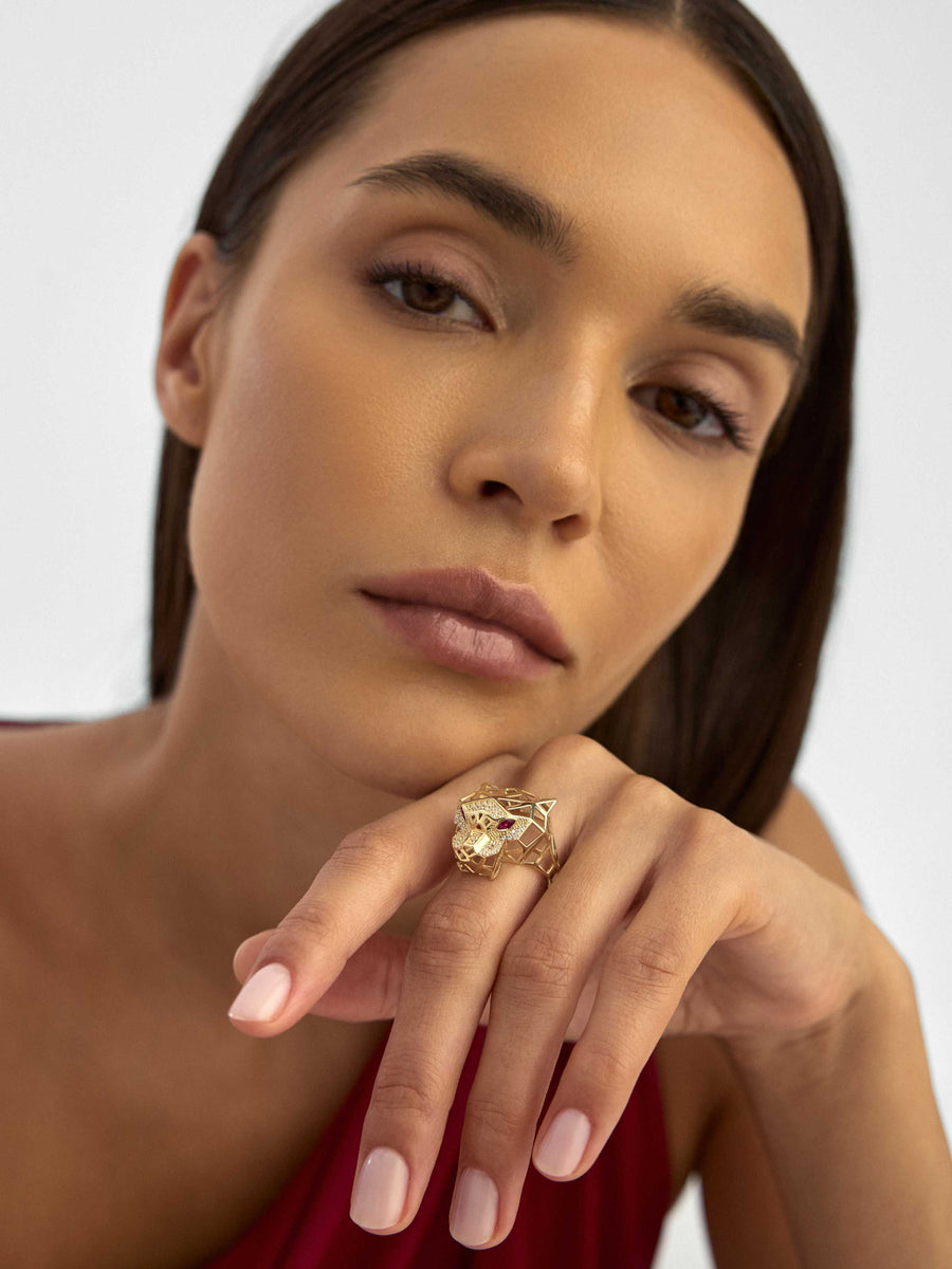 Geometric Panther Ring in 14K Gold