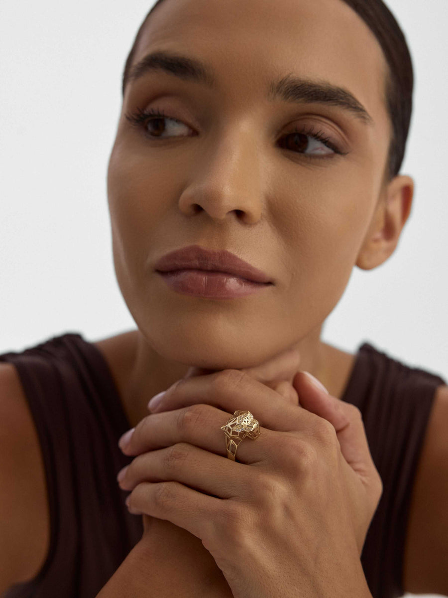 Geometric Panther Ring in 14K Gold